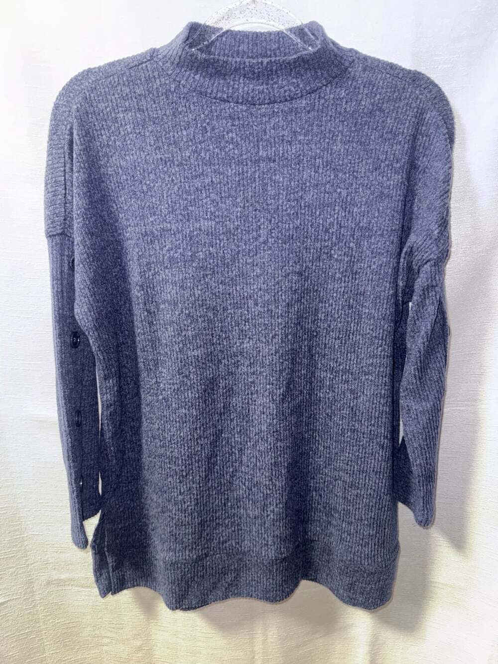 Fred David Women's Blue Mock Neck Ribbed Tunic Sweater with Side Button Detail